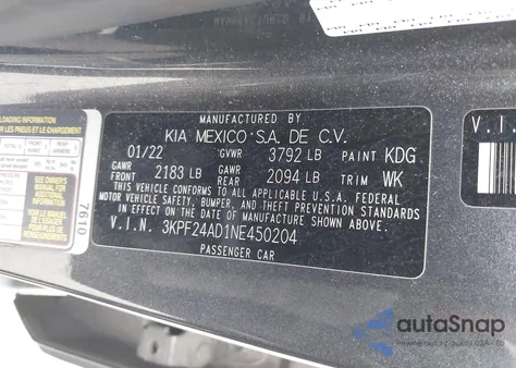 2022 Kia Forte Lxs из США, поврежденный, VIN 3KPF24AD1NE450204